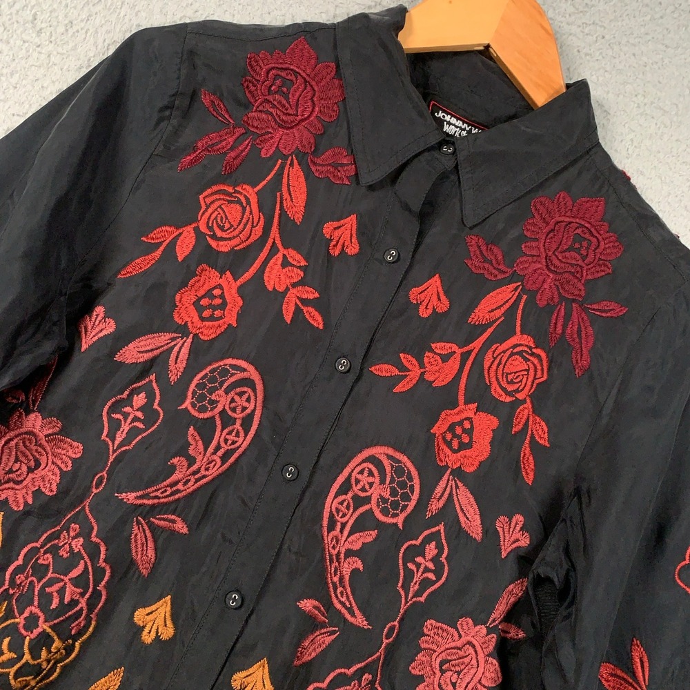 Johnny Was Workshop Biya Button Down Women's Small Black Boho Floral Embroidered